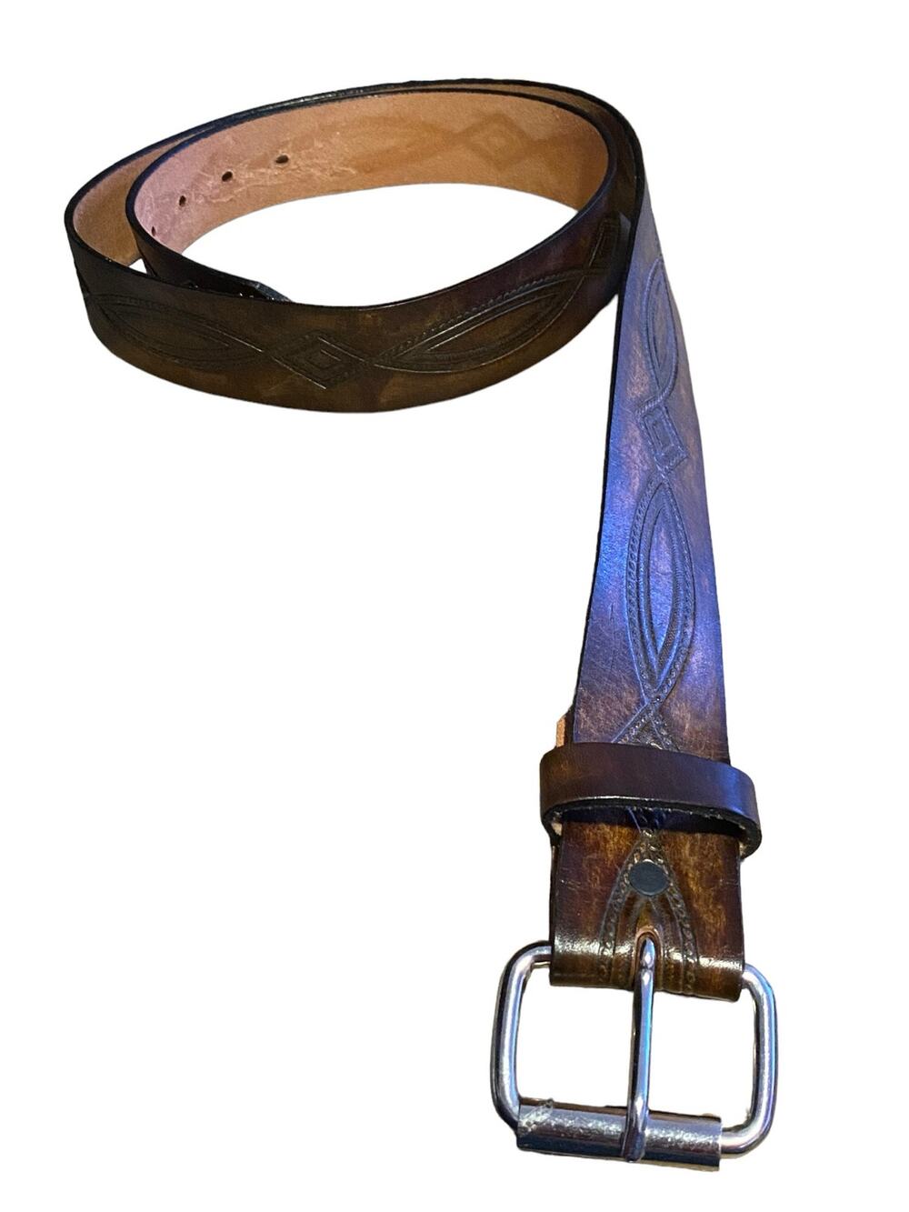 F & L Classic Top Grain Leather Men's Belt 42 Wide Browns Engraved Design